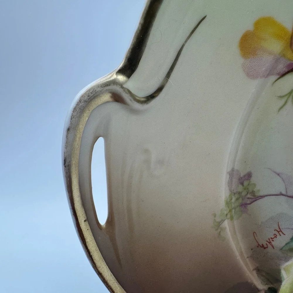 J&C Louise Bavaria Antique Porcelain Cake Plate Yellow Roses Gold Gilt Signed